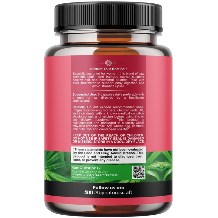 Natures Craft saw palmetto women capsules displayed to highlight DHT-related hair health benefits
