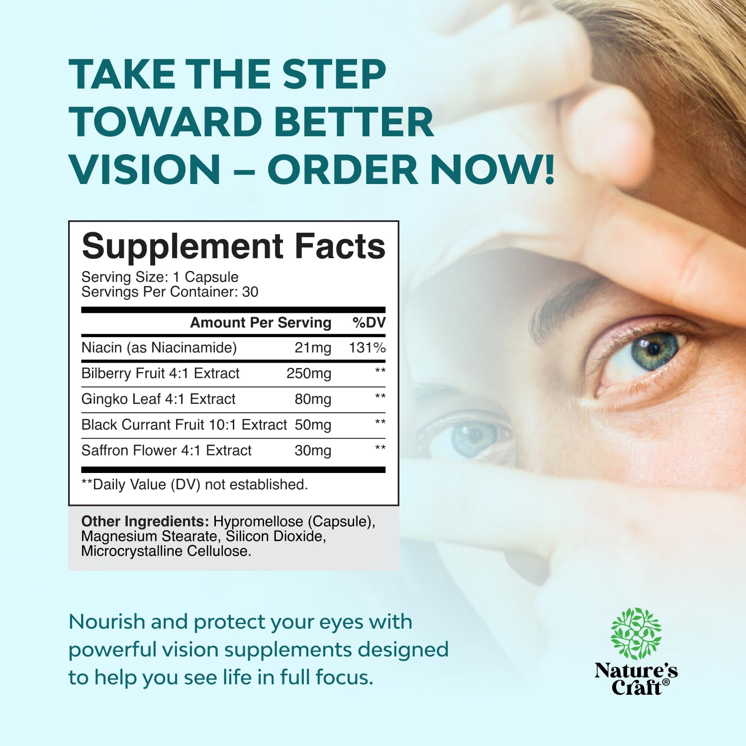 Natures Craft Eye Pressure Support packaging displayed, showing bottle and vegan formula.
