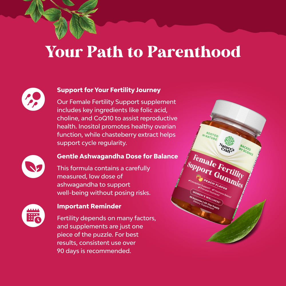 Natures Craft Fertility Gummies close-up with peach gummies ideal for daily preconception routines.