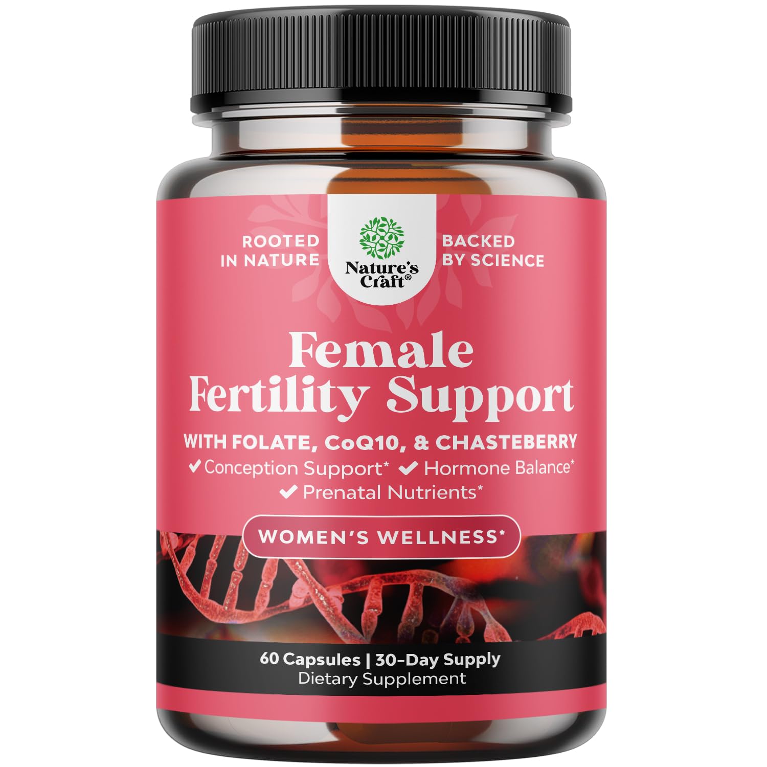 Natures Craft fertility pills bottle for daily preconception support.