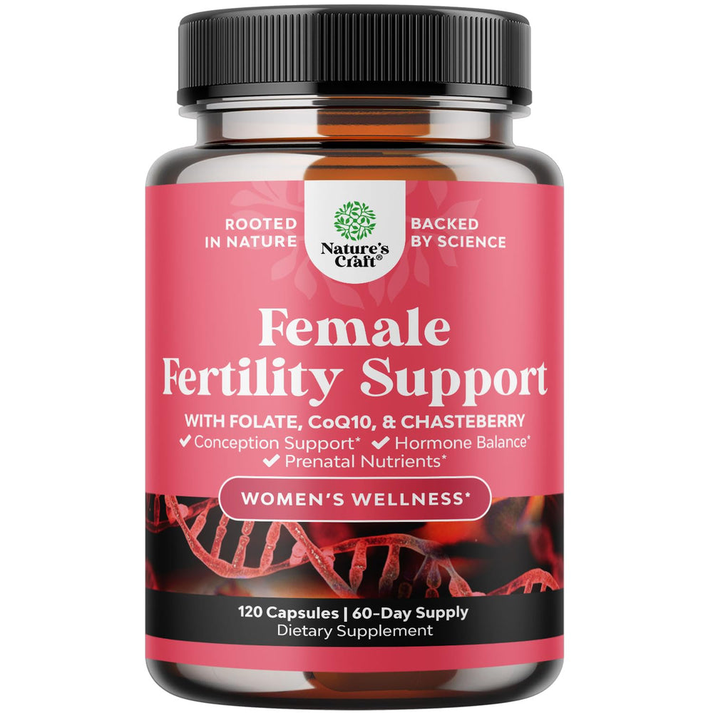 Natures Craft fertility supplement bottle showing prenatal vitamins for preconception health.