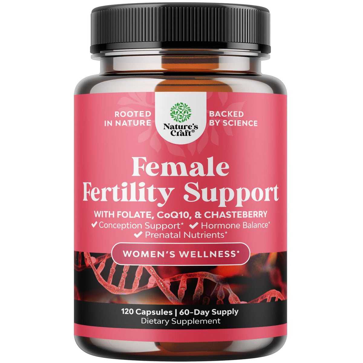 Natures Craft fertility supplement bottle showing prenatal vitamins for preconception health.