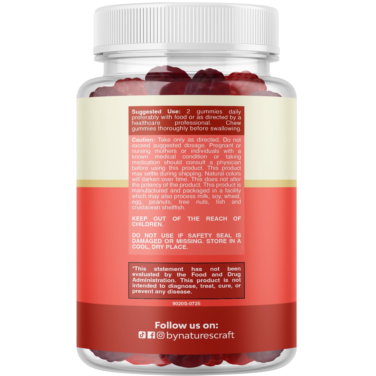 Natures Craft Fiber Gummies bottle back showing ingredients and directions for gut comfort.