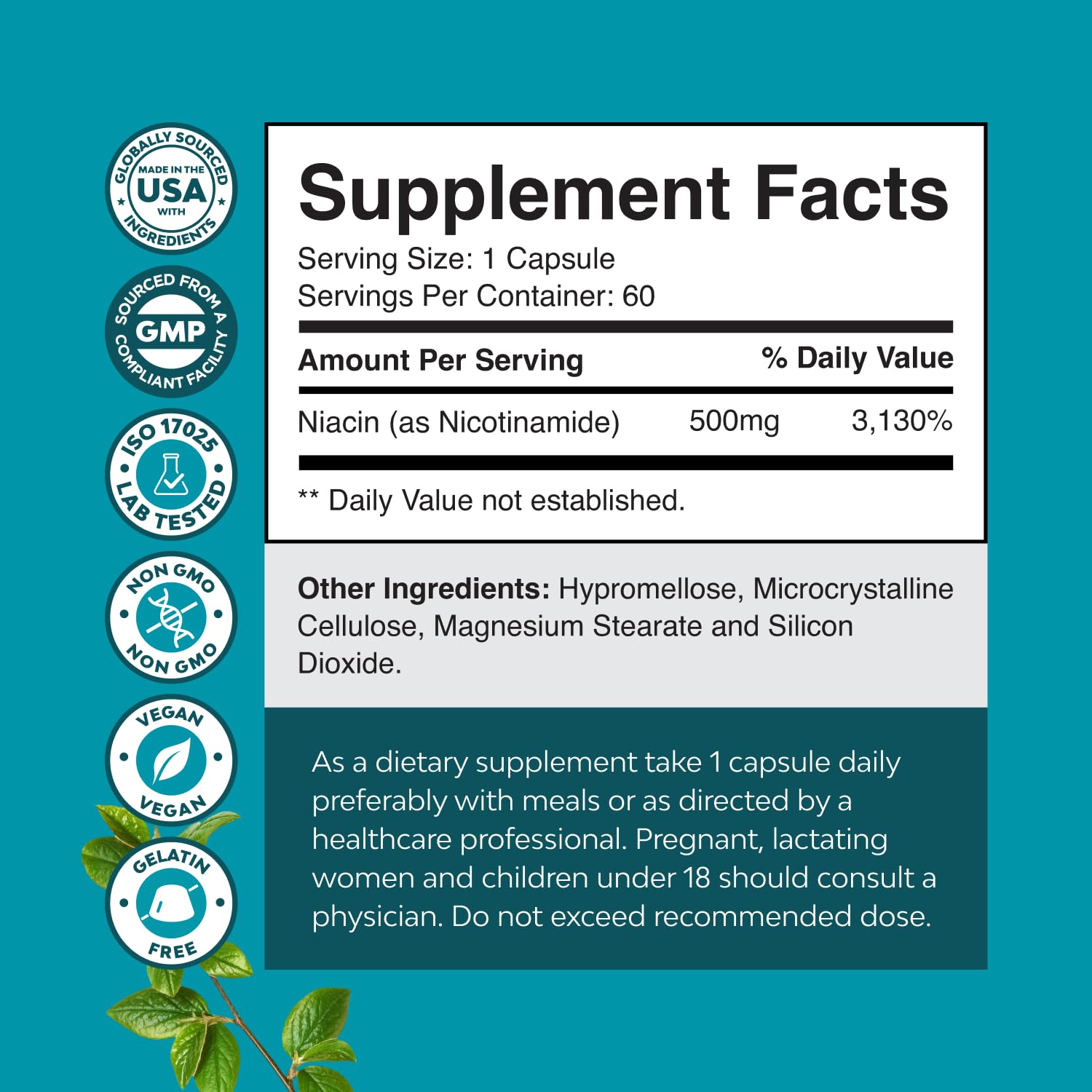 Natures Craft flush-free niacinamide 500mg capsules, close-up image