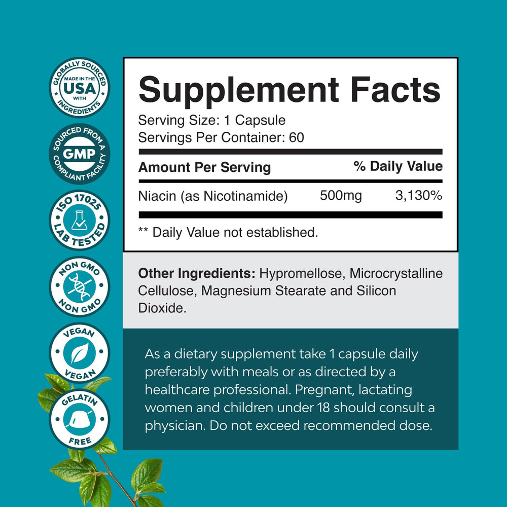 Natures Craft flush-free niacinamide 500mg capsules, close-up image