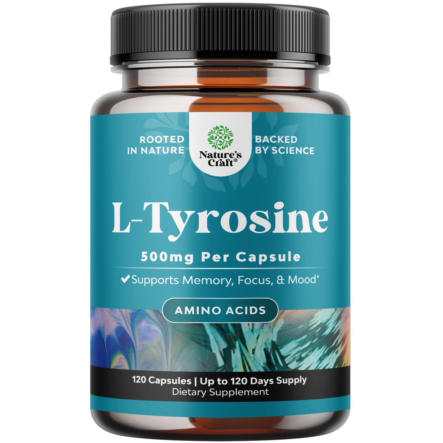 Nature's Craft Free Form L Tyrosine 500mg capsules on a display bottle for daily mental energy.