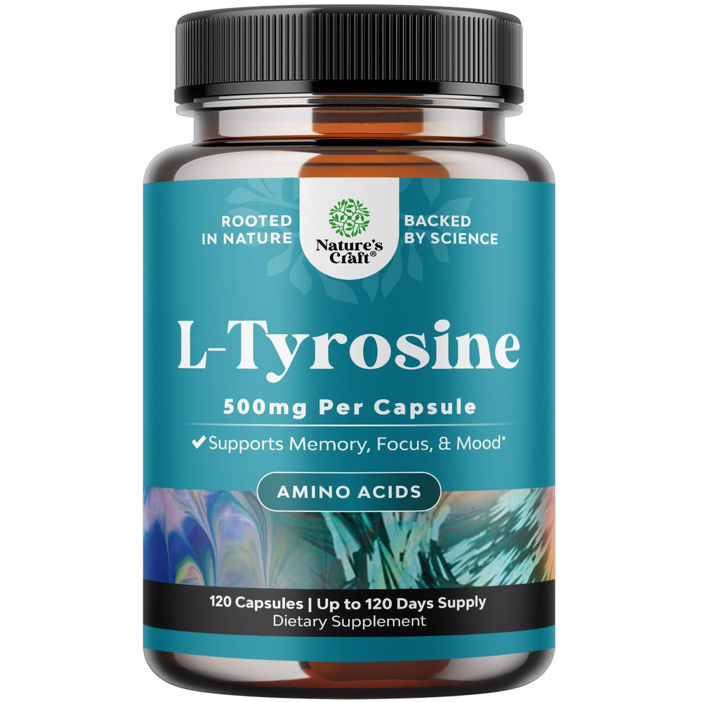 Nature's Craft Free Form L Tyrosine 500mg capsules on a display bottle for daily mental energy.