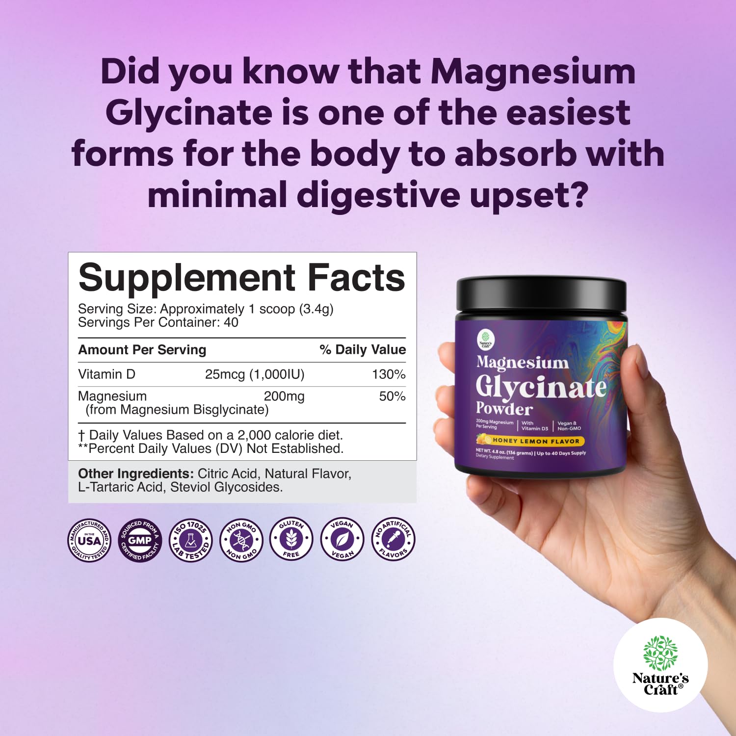 Natures Craft gluten-free magnesium powder label for allergen-friendly use.