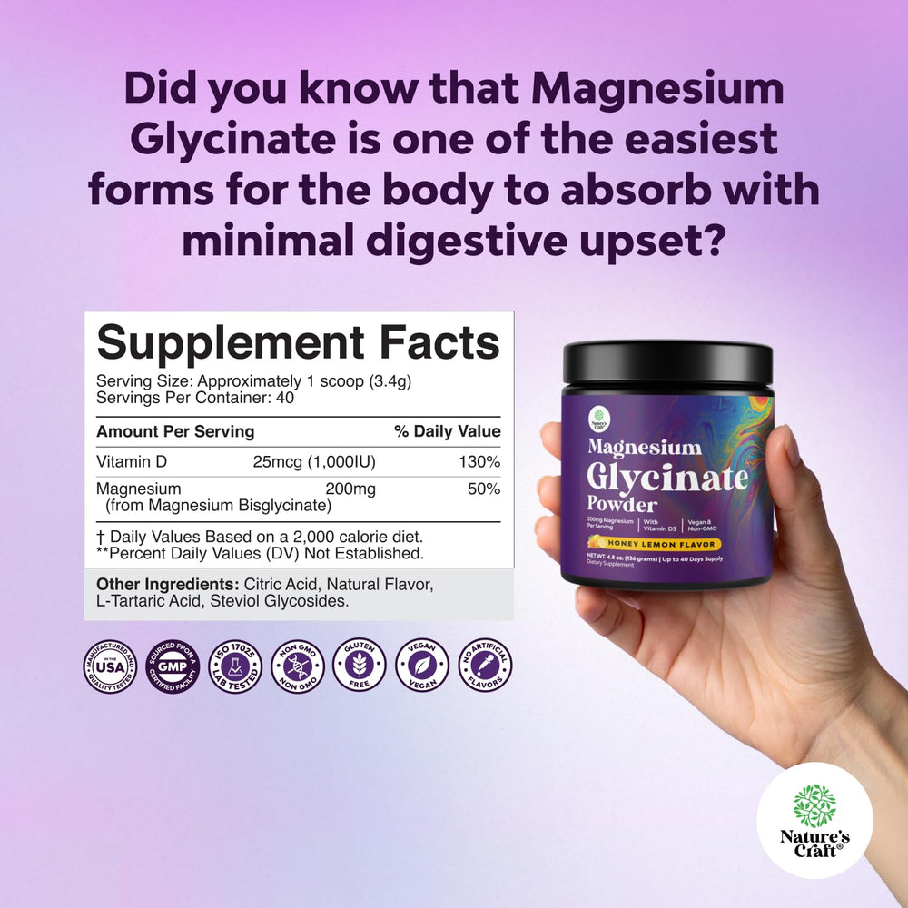 Natures Craft gluten-free magnesium powder label for allergen-friendly use.