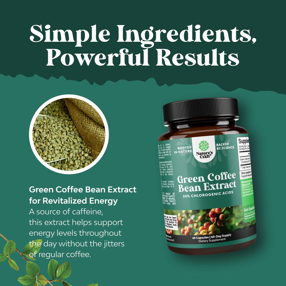 Label close-up verifies ingredients for Natures Craft green coffee bean extract.