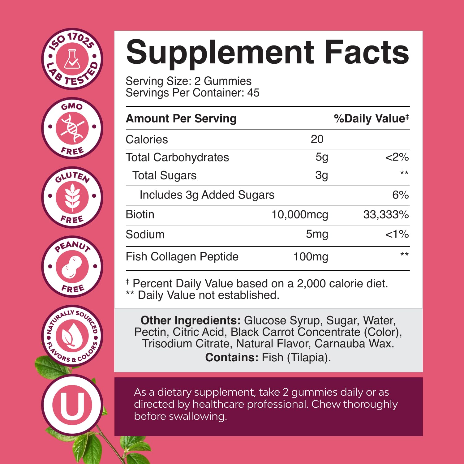 Natures Craft Hair Skin and Nails gummies label displayed for quality and nutrition