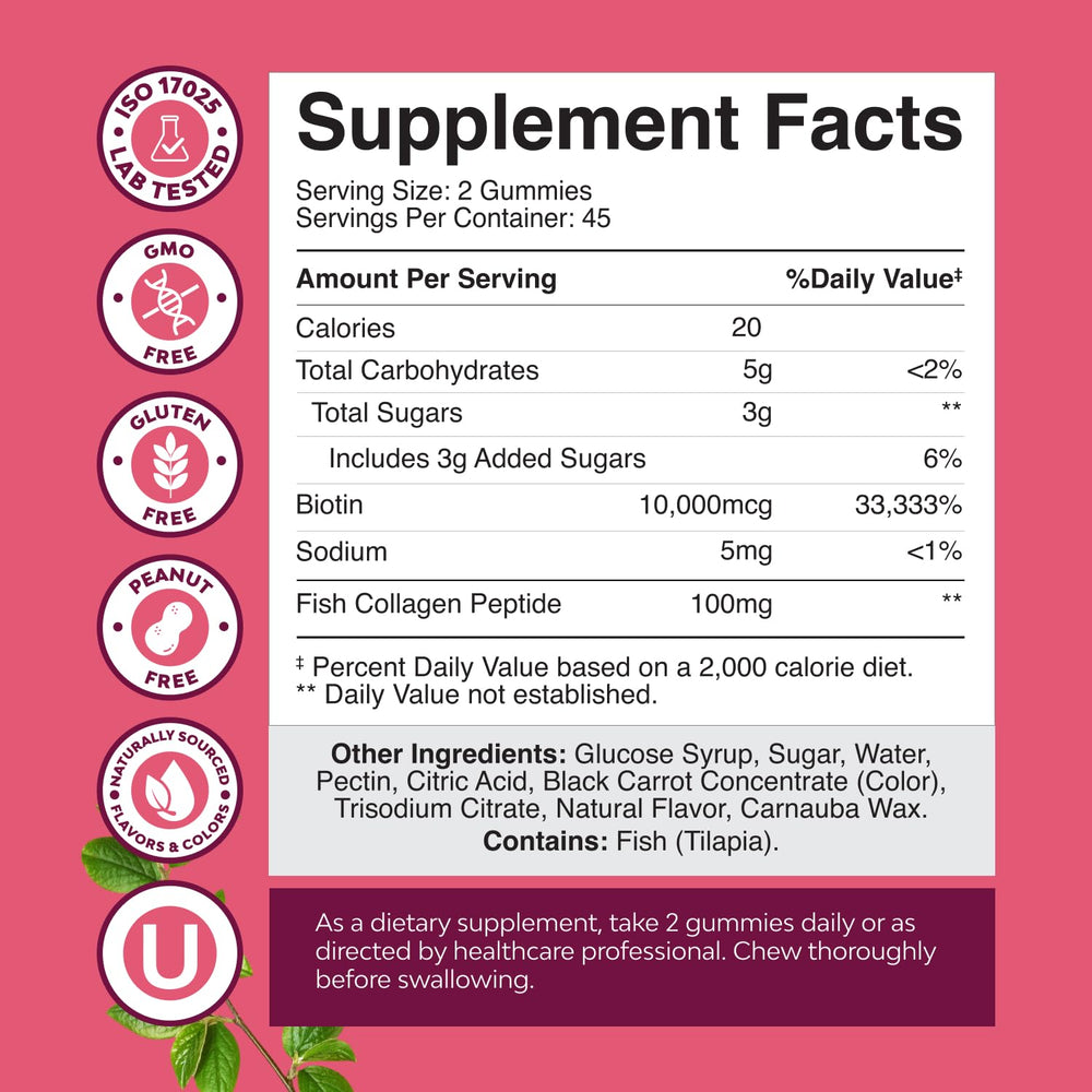 Natures Craft Hair Skin and Nails gummies label displayed for quality and nutrition