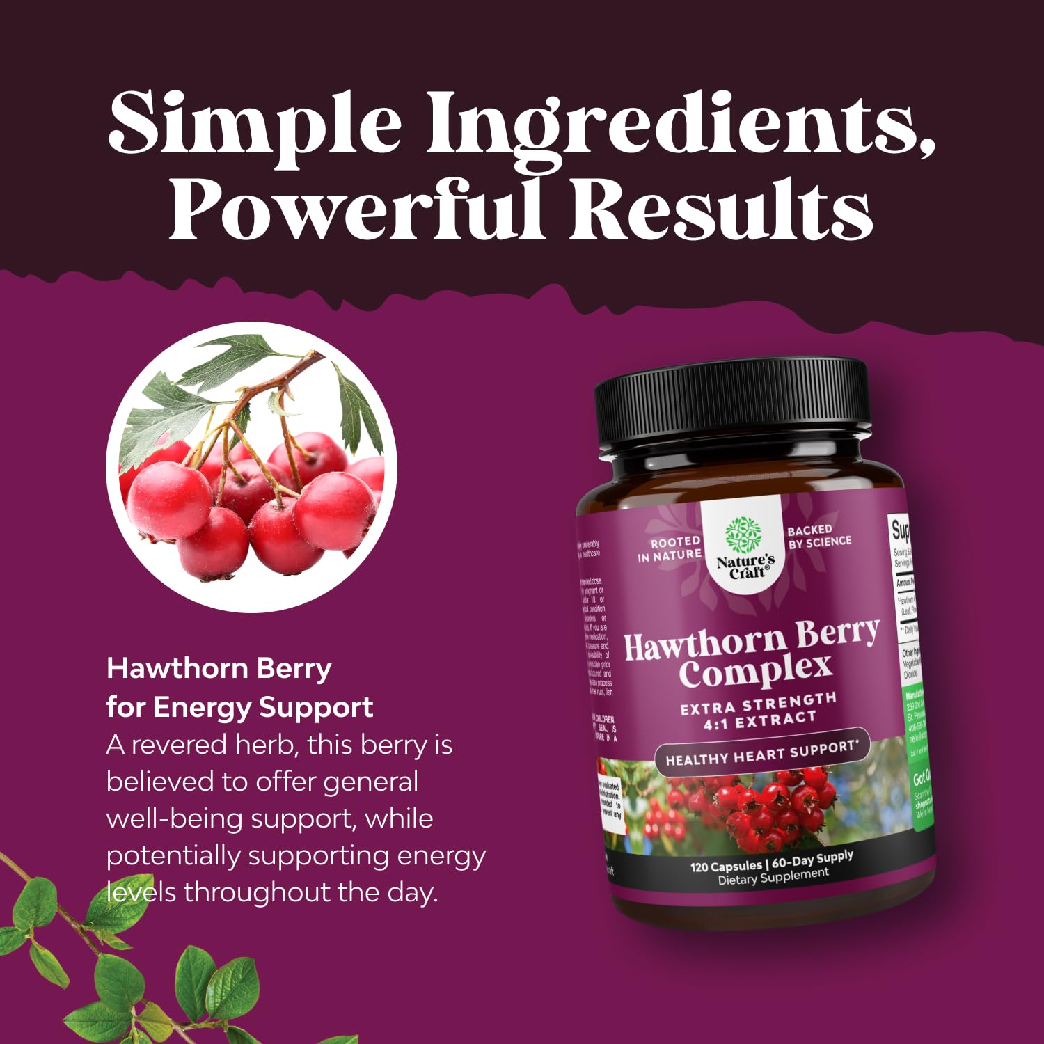 Natures Craft hawthorn ingredients banner featuring berry leaf and flower