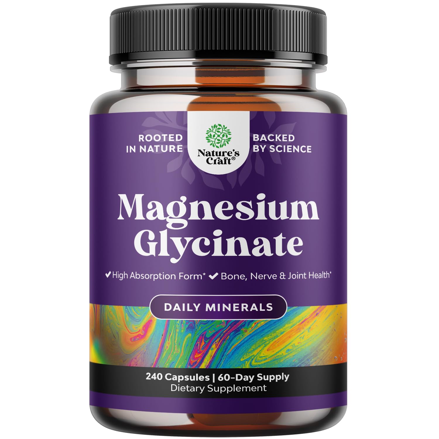 Natures Craft magnesium glycinate bottle highlighting high absorption for sleep support