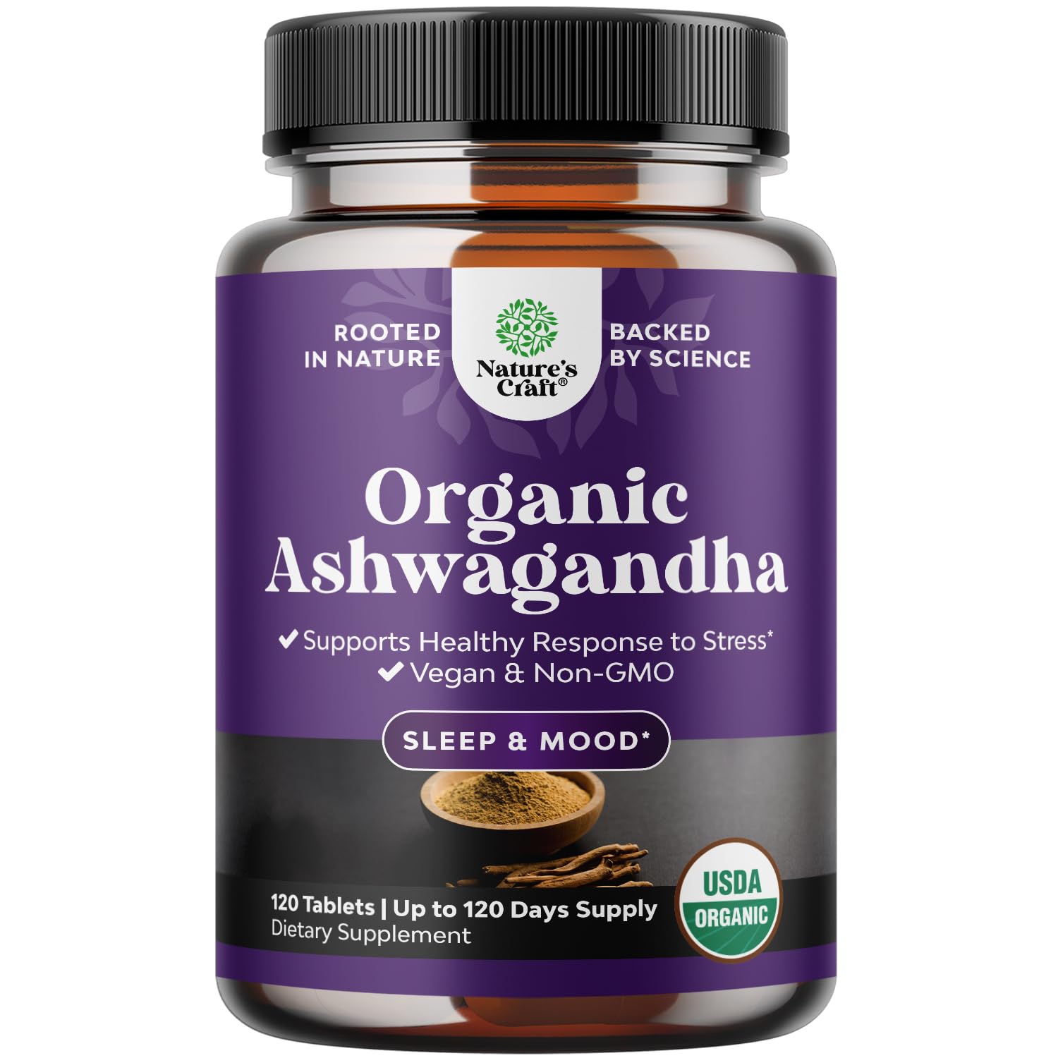 Natures Craft high-strength Ashwagandha bottle front for stress support potential