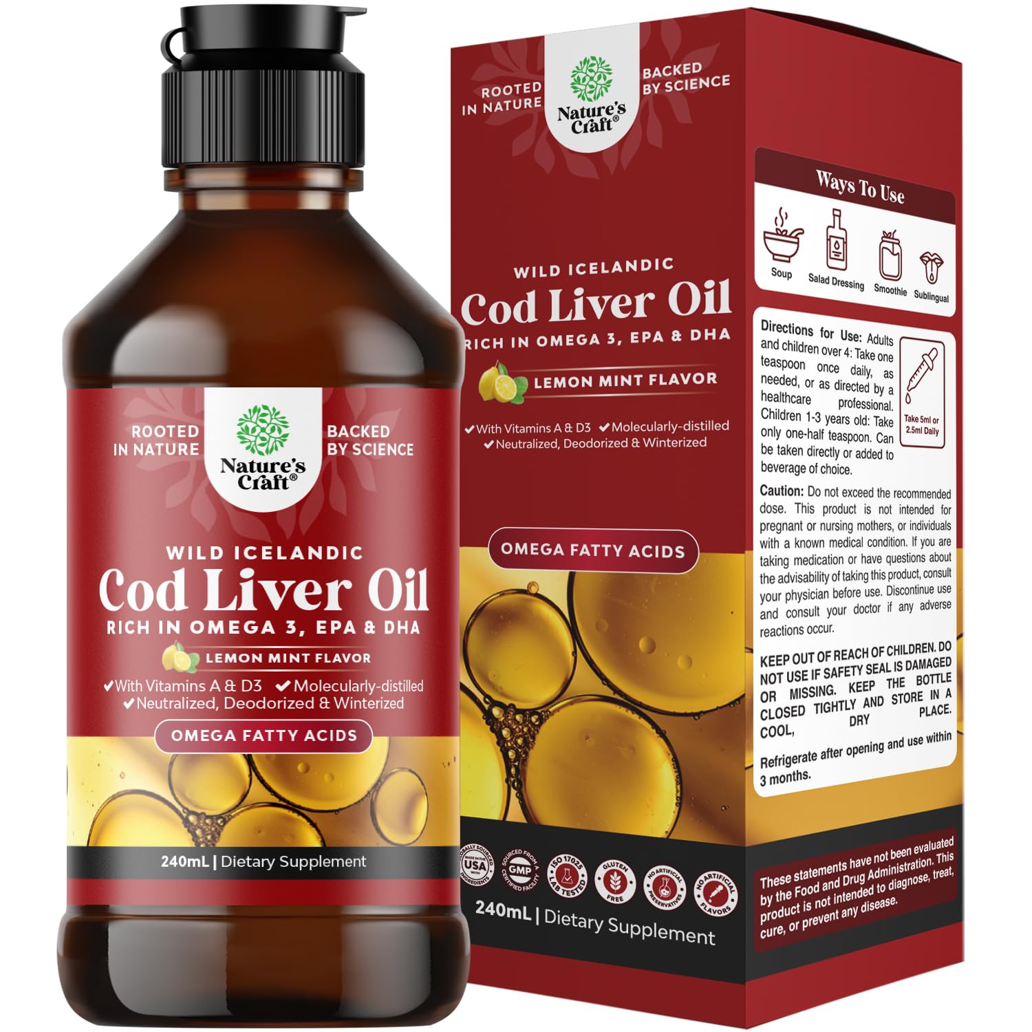 Natures Craft Icelandic cod liver oil bottle on wood, rich in omega-3 for heart support