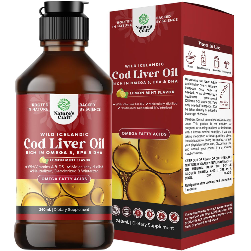 Natures Craft Icelandic cod liver oil bottle on wood, rich in omega-3 for heart support