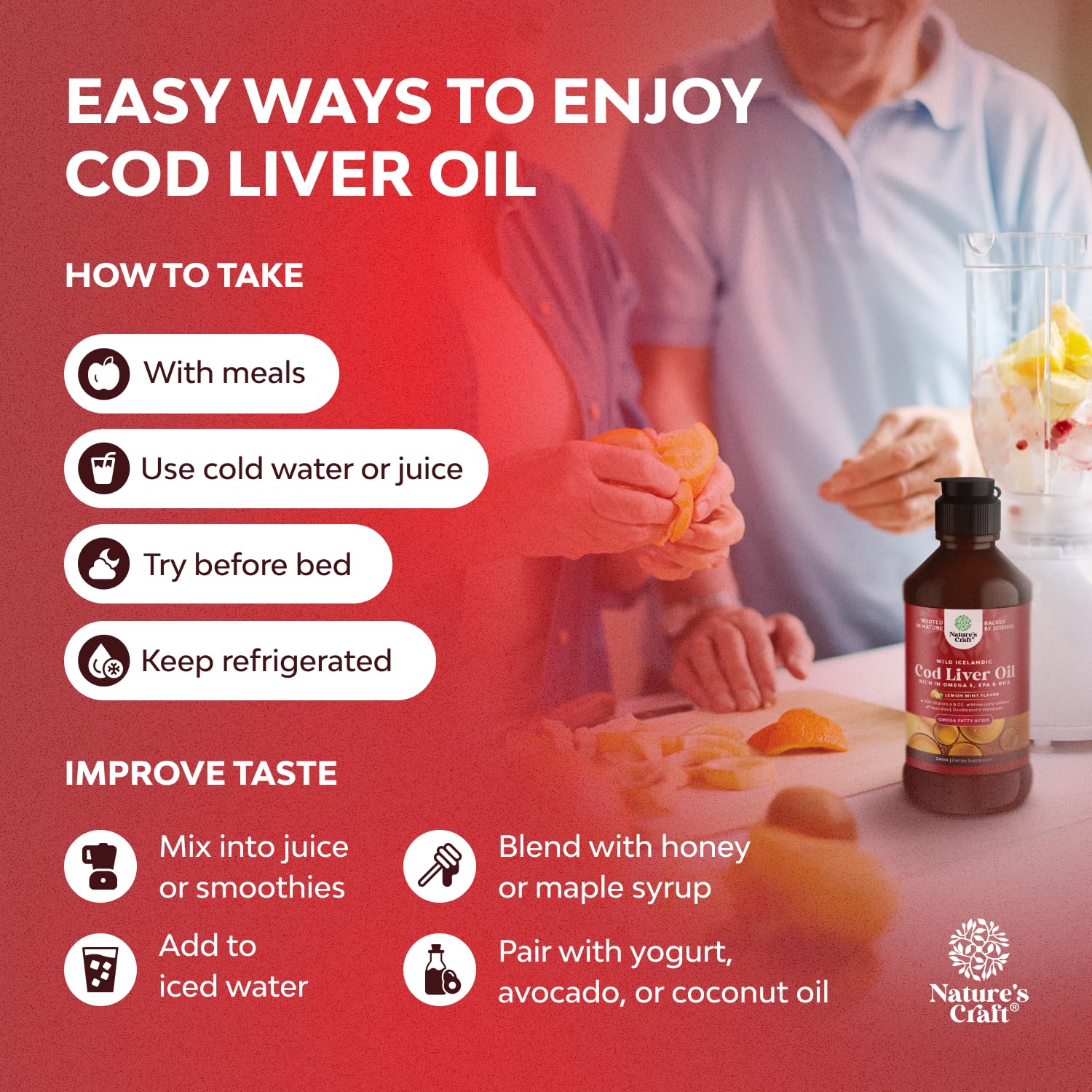 Natures Craft Icelandic cod liver oil pour into spoon illustrating daily serving