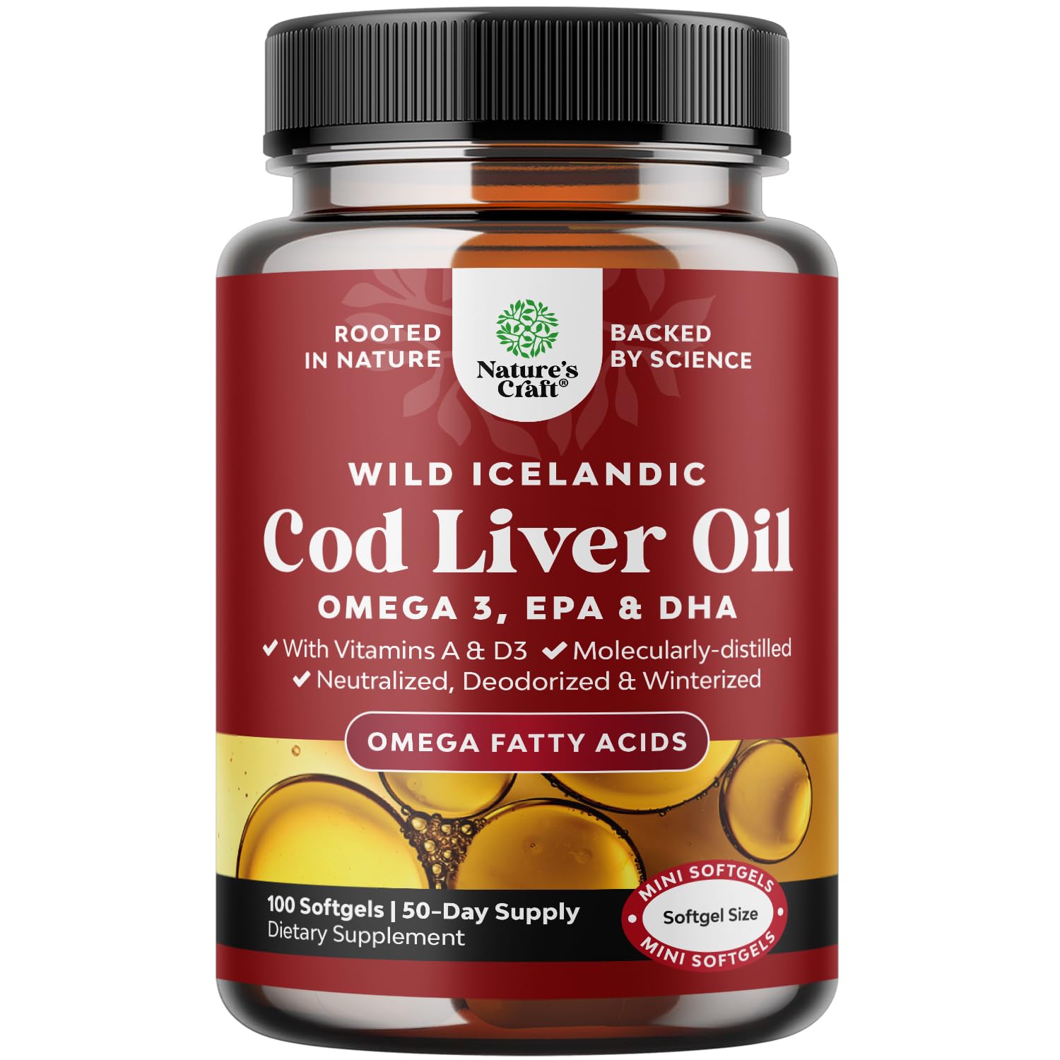 Natures Craft Icelandic cod liver oil softgels bottle shown for heart and joint support.