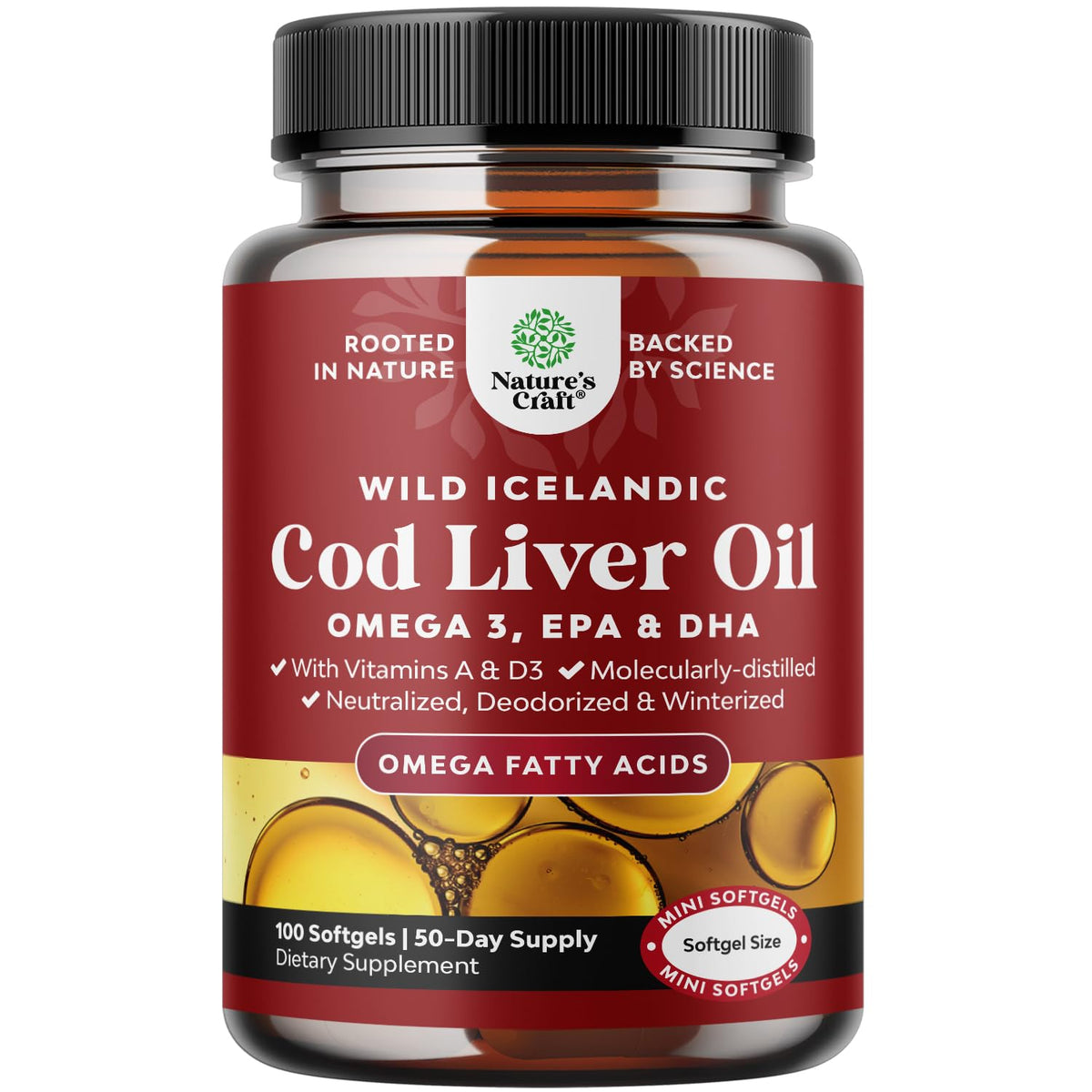 Natures Craft Icelandic cod liver oil softgels bottle shown for heart and joint support.