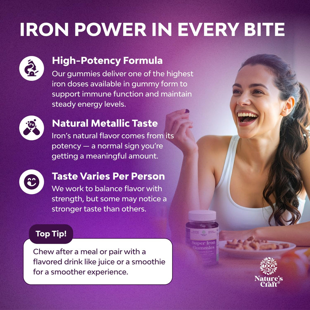 Natures Craft Iron Gummies ingredients label highlighting vitamin C for absorption.