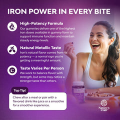 Natures Craft Iron Gummies ingredients label highlighting vitamin C for absorption.