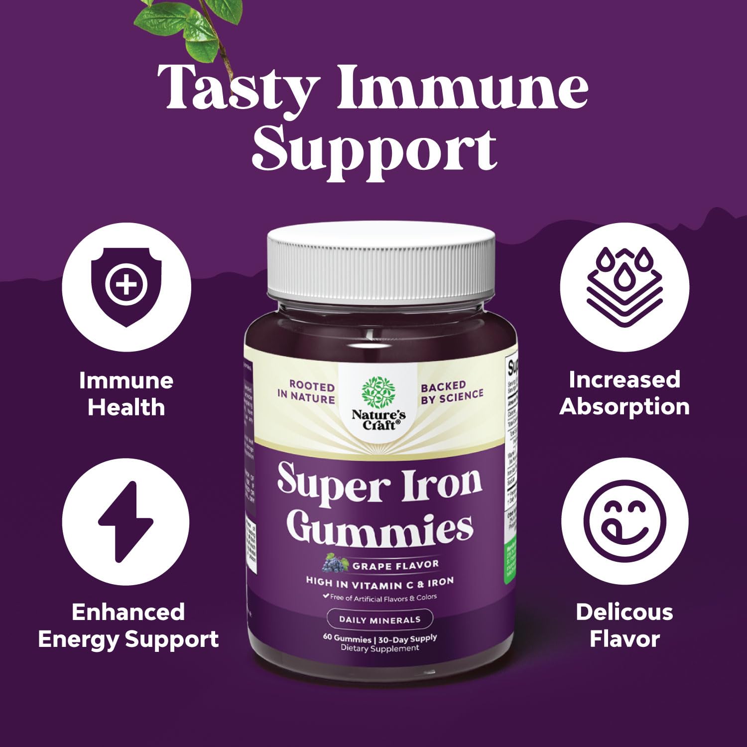 Natures Craft Iron Gummies pouring from bottle into hand for quick daily intake.