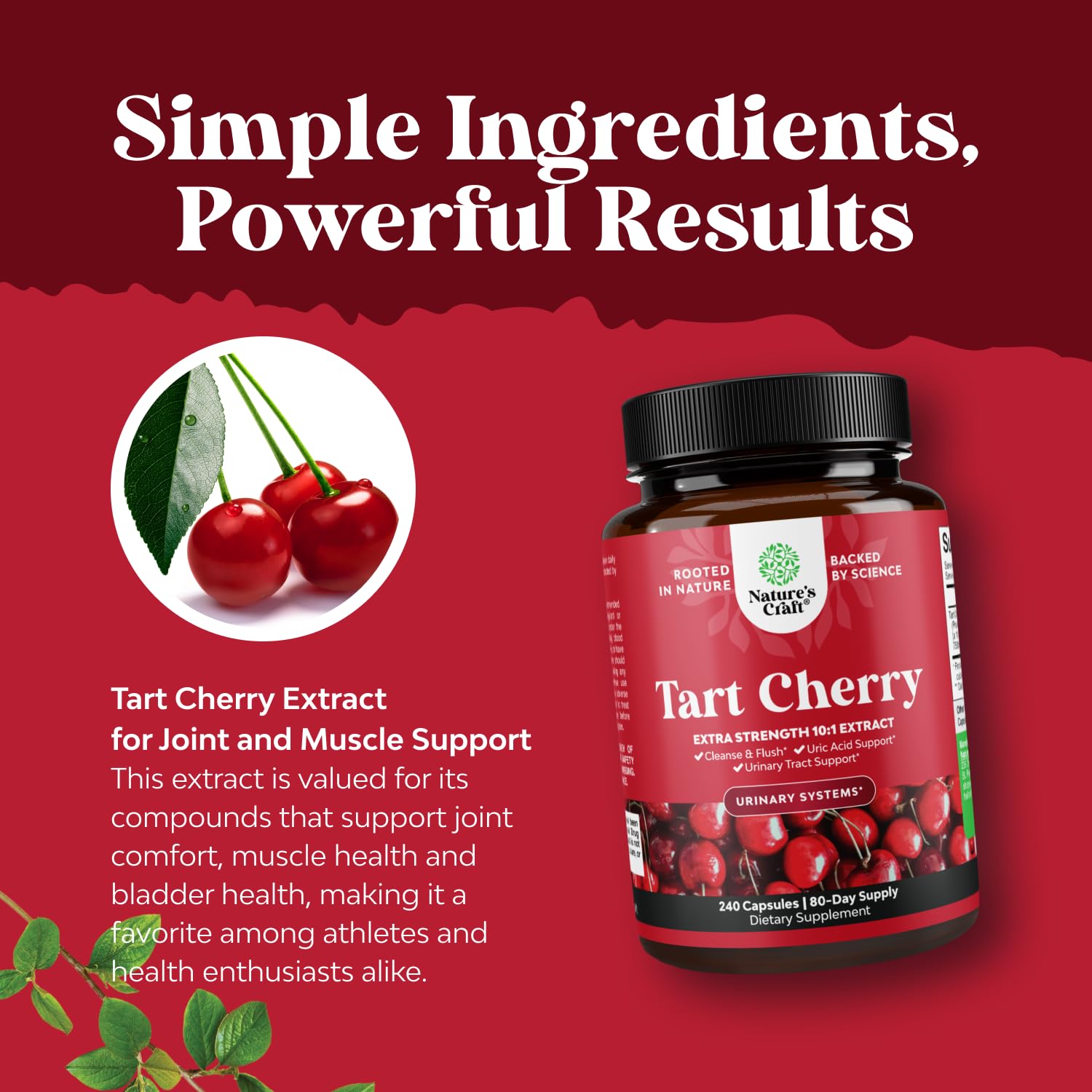 Nature's Craft joint support tart cherry capsules for mobility and comfort.
