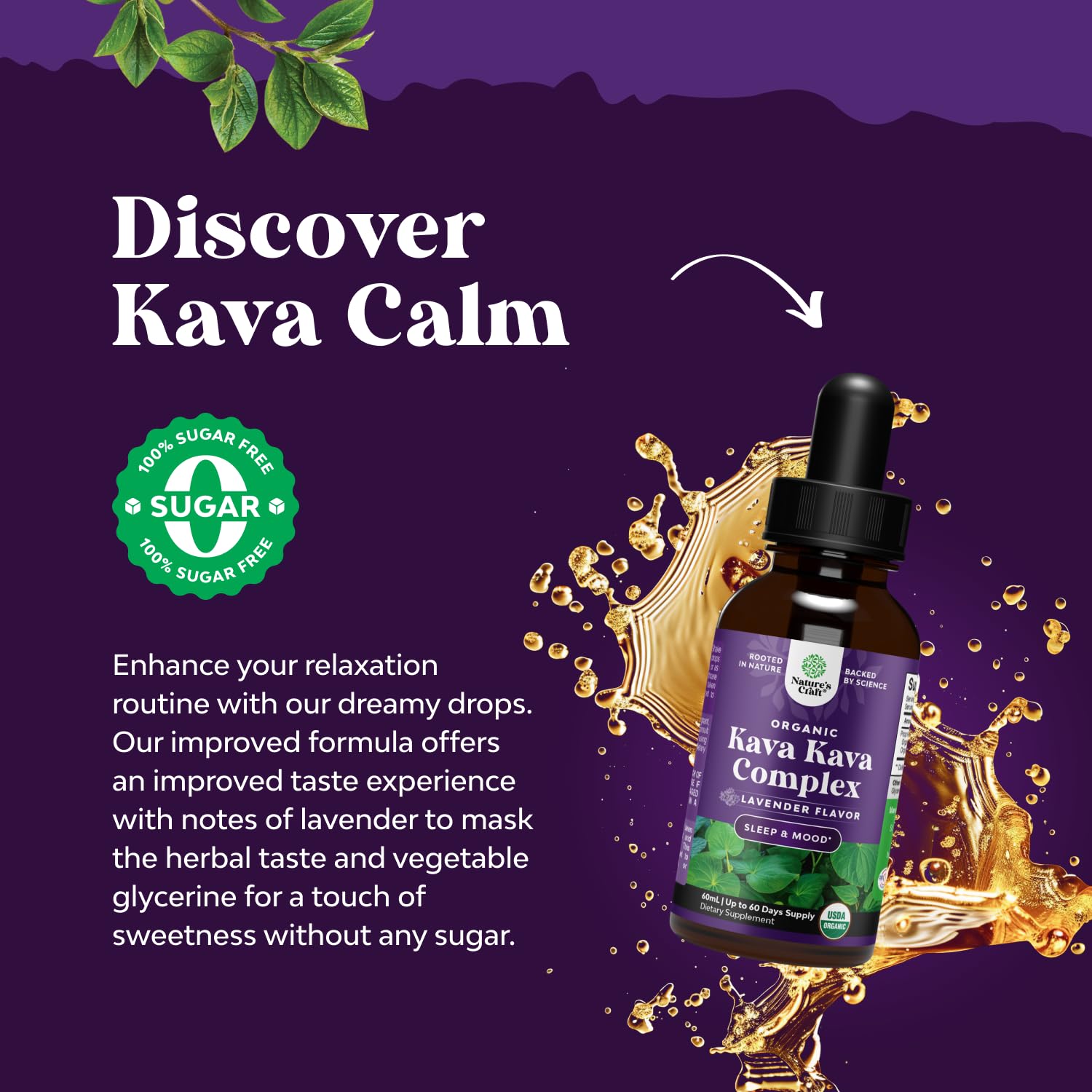 Natures Craft kavalactones visual highlight for calm focus aid.