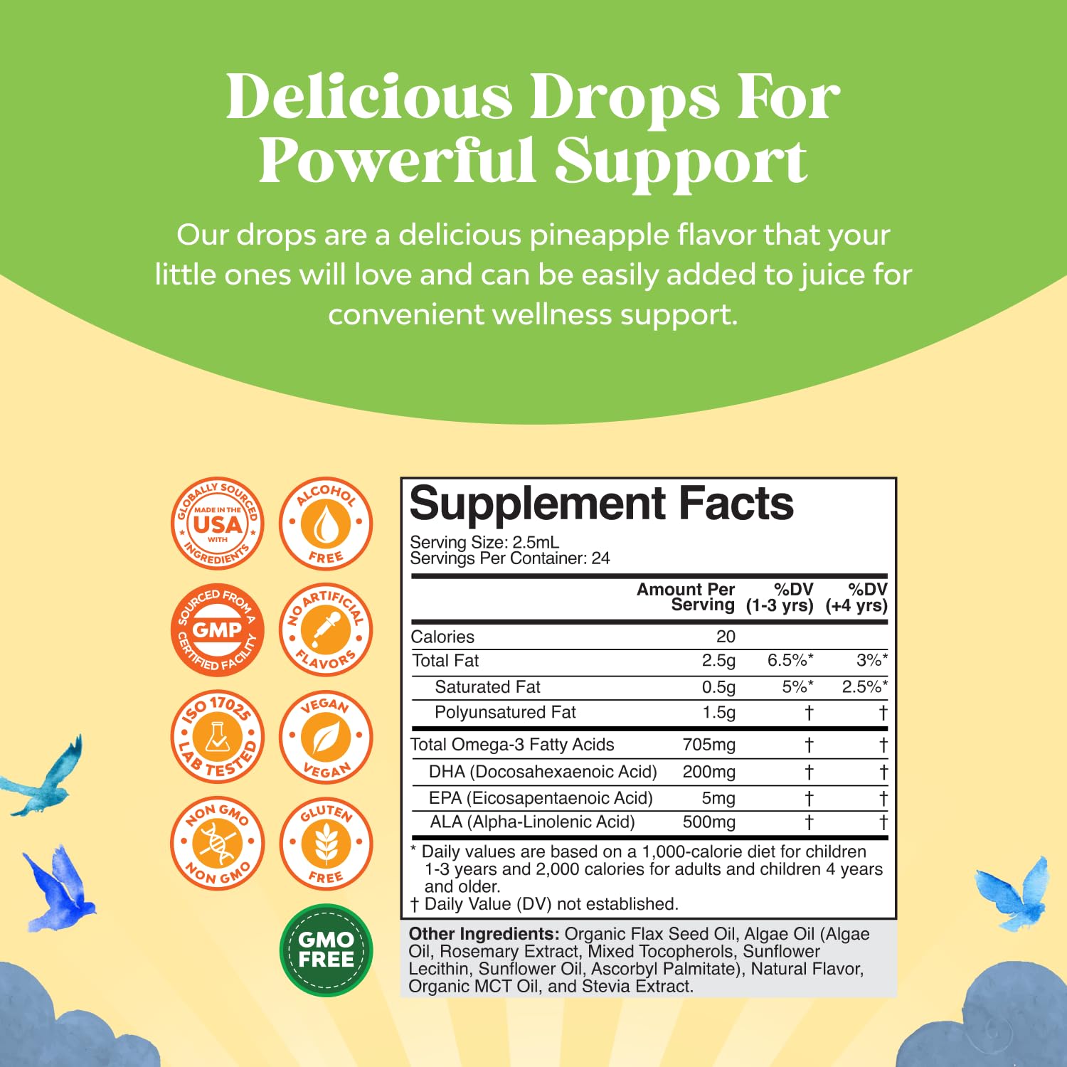 Natures Craft DHA Drops being poured for precise 2.5 mL dosing