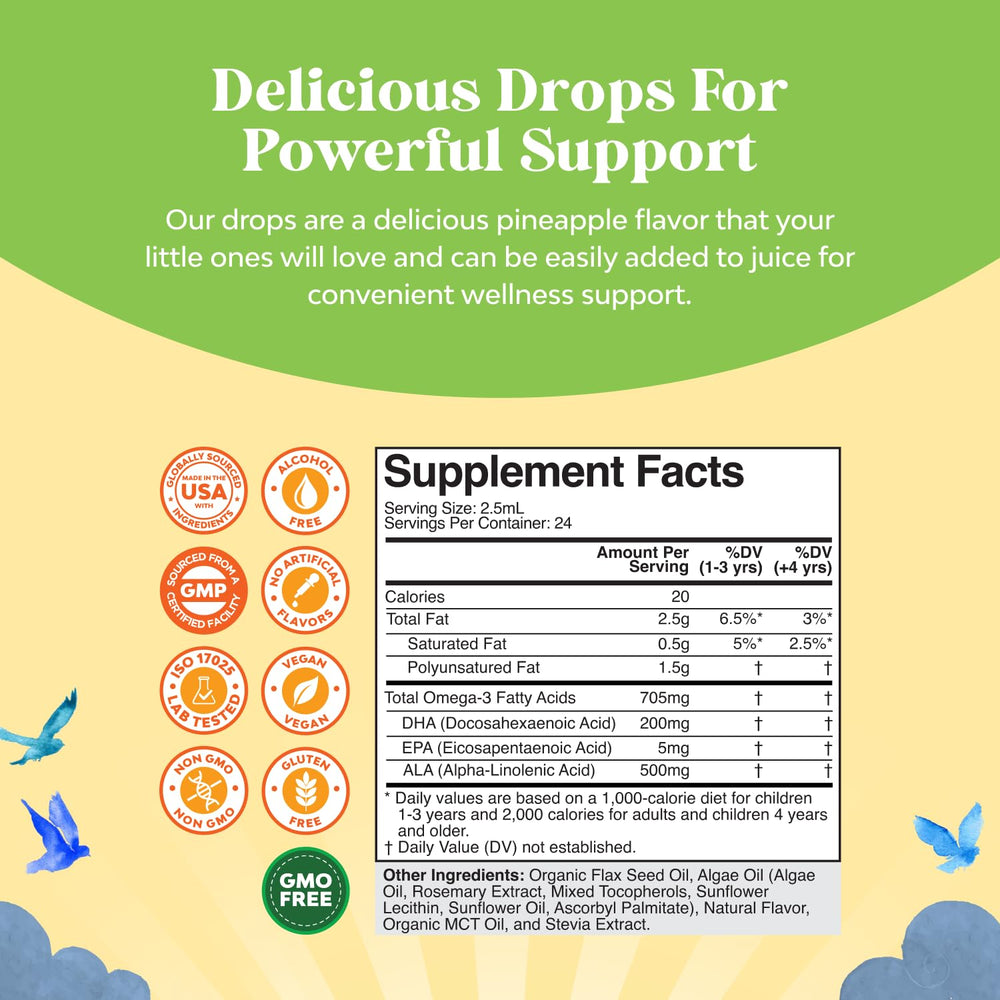 Natures Craft DHA Drops being poured for precise 2.5 mL dosing