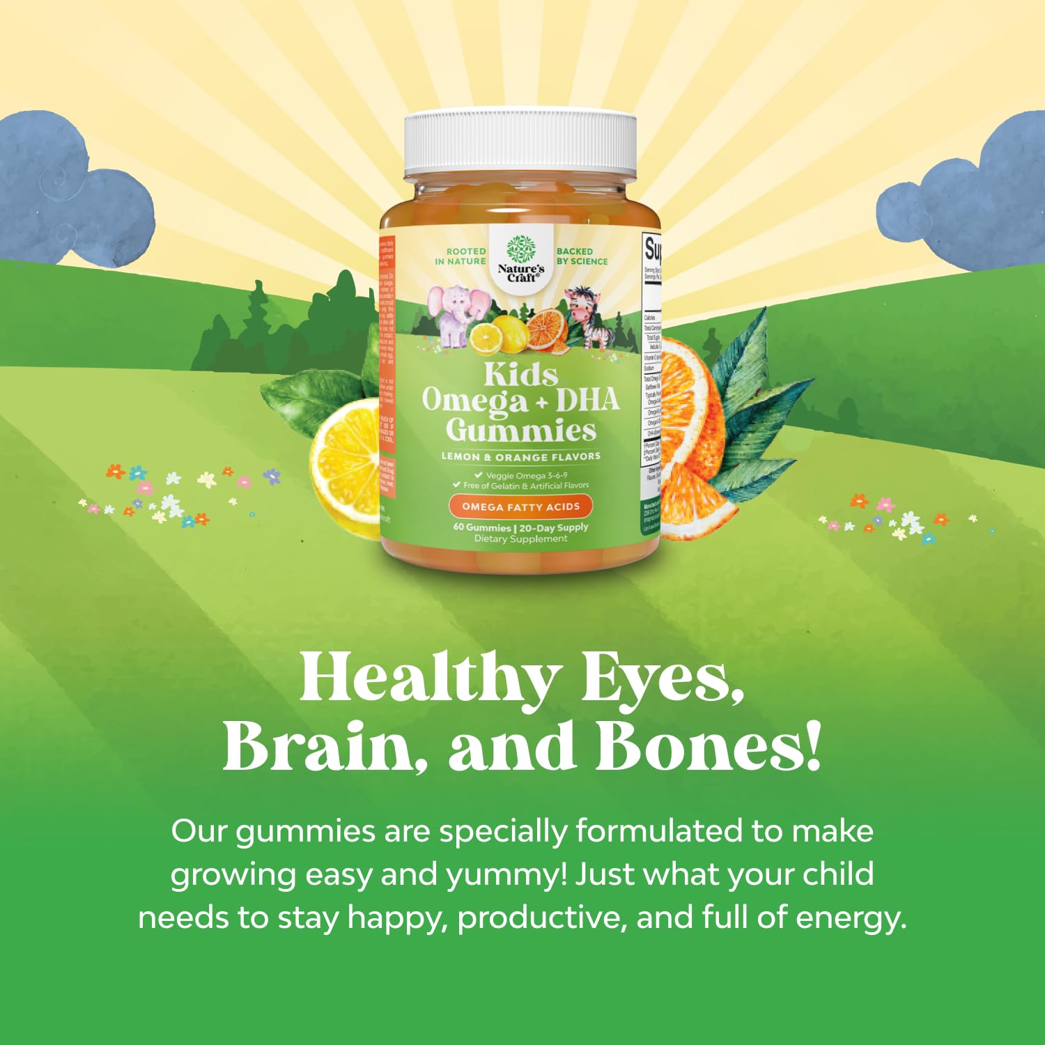 Natures Craft Kids DHA Omega-3 Gummies fruity flavor visible for enjoyable daily nutrition.