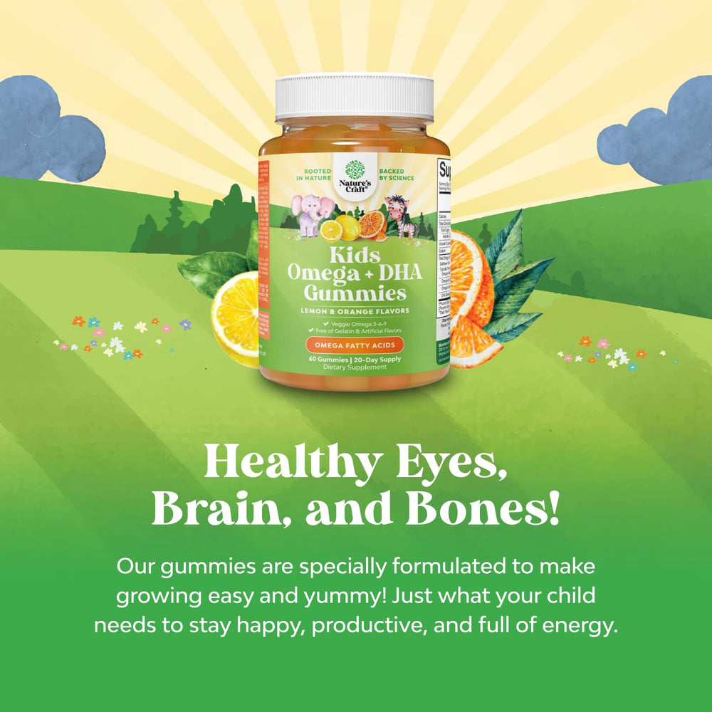 Natures Craft Kids DHA Omega-3 Gummies fruity flavor visible for enjoyable daily nutrition.