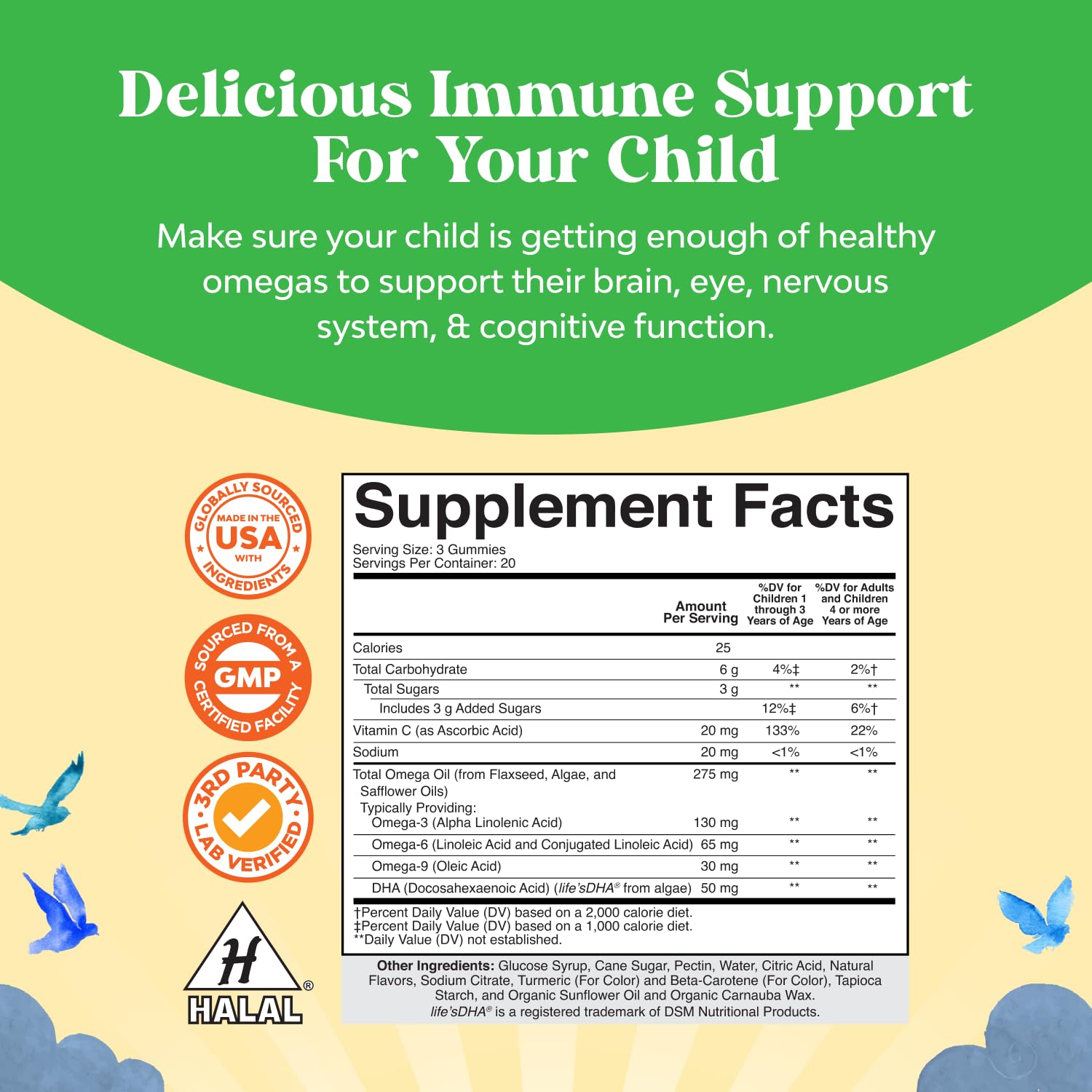 Natures Craft Kids DHA Omega-3 Gummies label close-up highlighting vegan, non-GMO.