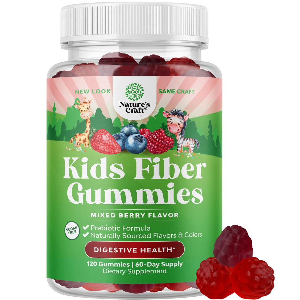 Nature's Craft Kids Fiber Gummies bottle front showing 4g chicory fiber per serving.