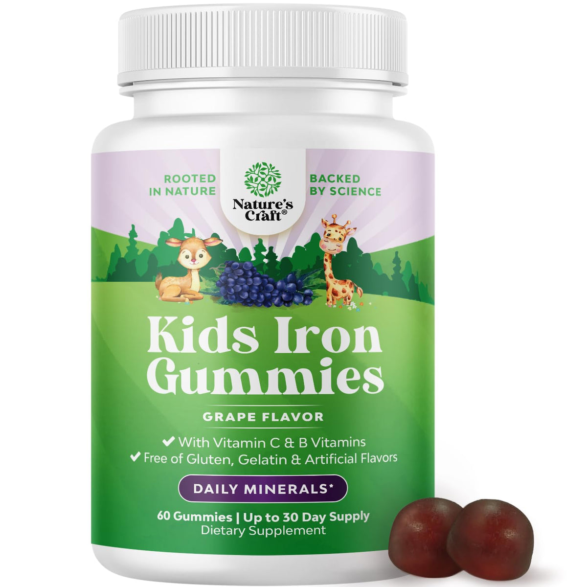 Natures Craft Kids Iron Gummies bottle with vitamin C for immune support.
