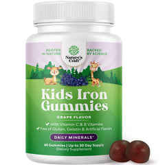 Natures Craft Kids Iron Gummies bottle with vitamin C for immune support.