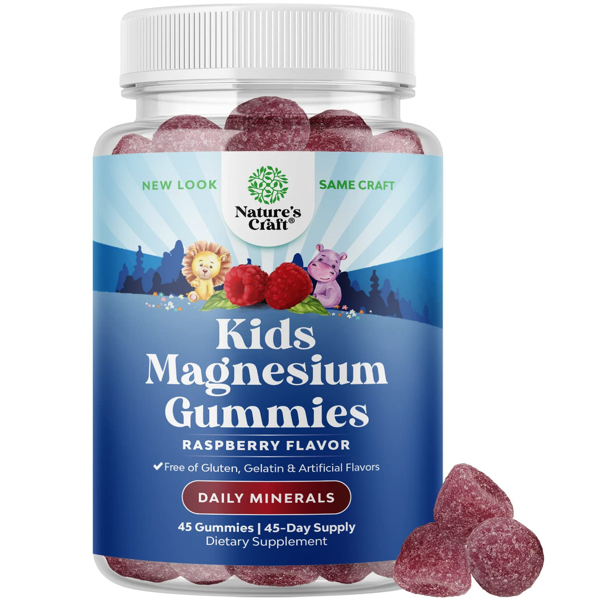 Natures Craft Kids Magnesium Gummies raspberry bottle for calm support.