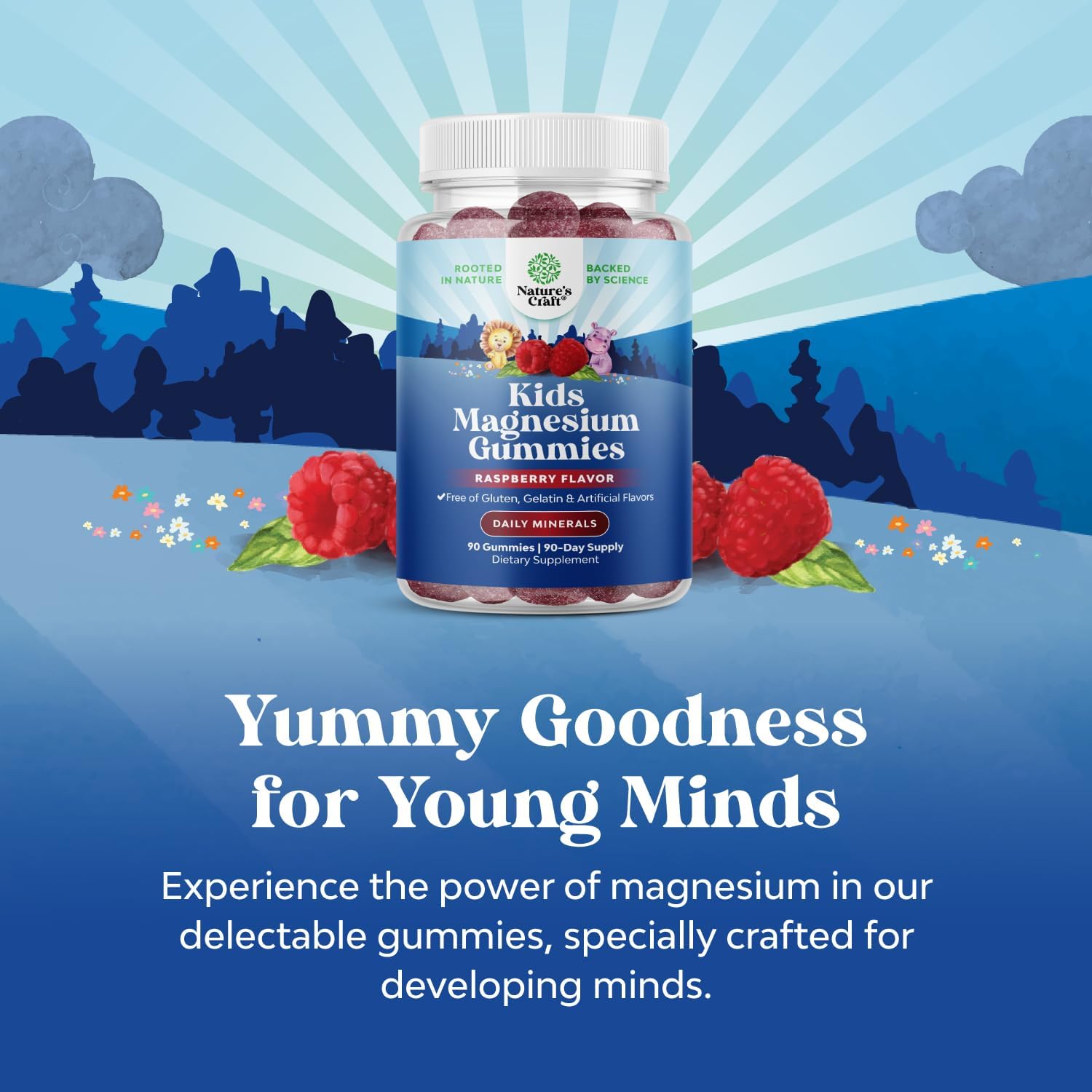 Clear label on Natures Craft Kids Magnesium Gummies raspberry bottle for safe use