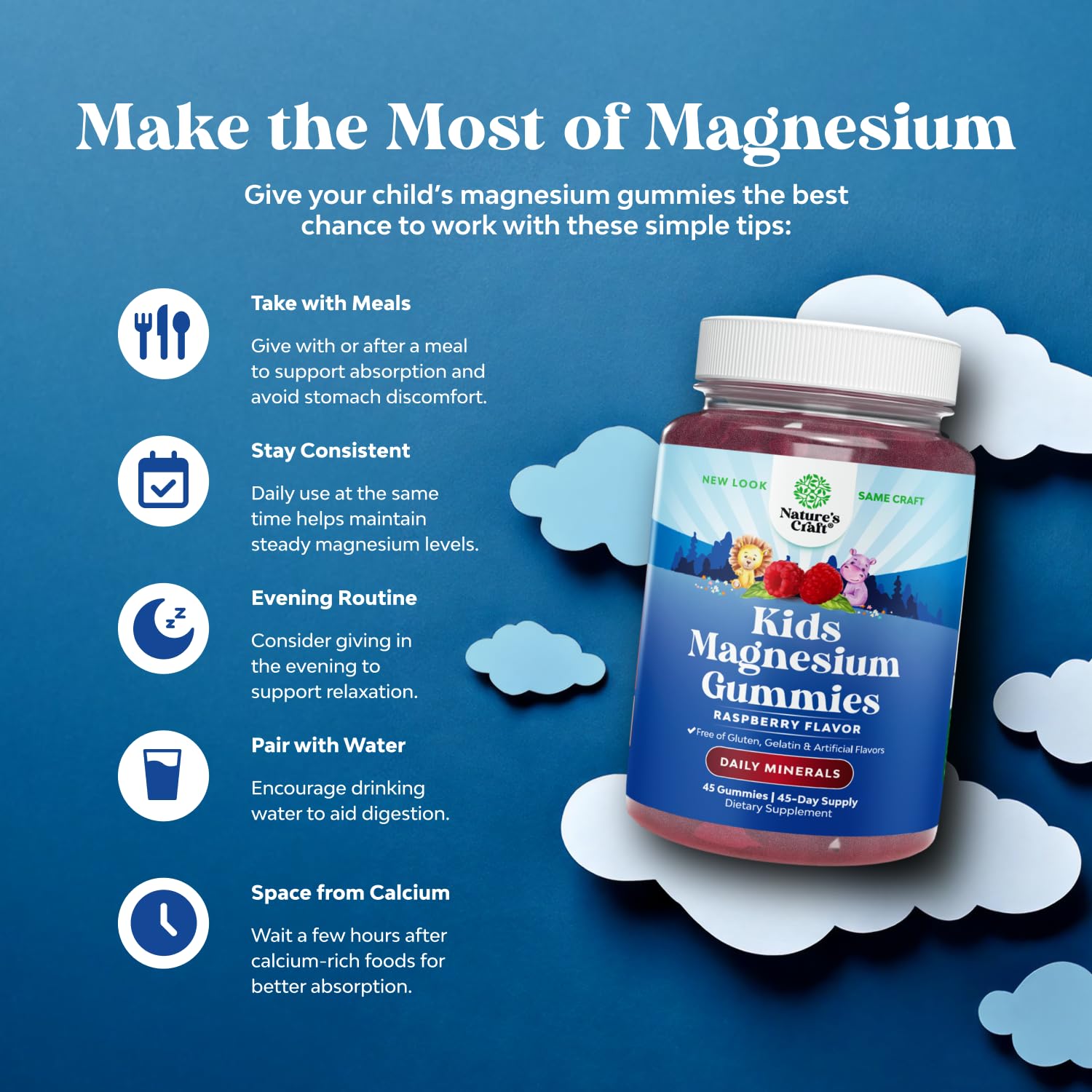 Serving suggestion with a Natures Craft Kids Magnesium Gummies on plate.