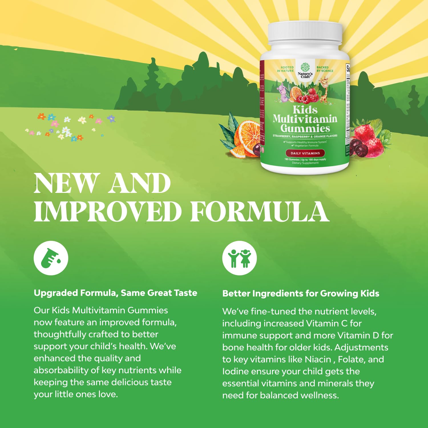 Natures Craft Kids Multivitamin Gummies serving pack shows daily dosage for growth support