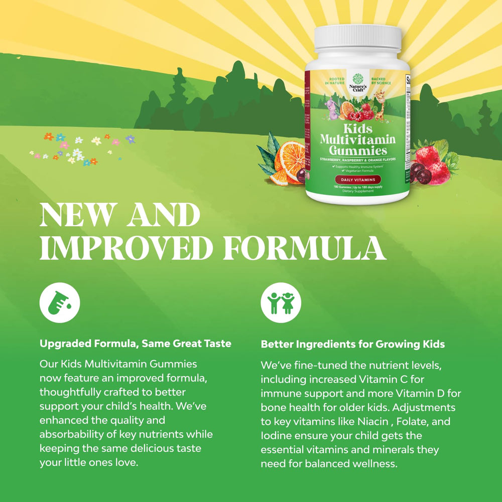 Natures Craft Kids Multivitamin Gummies serving pack shows daily dosage for growth support
