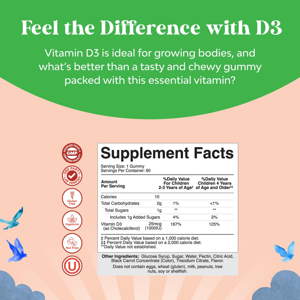 Natures Craft vitamin D gummies on a spoon emphasizing tasty berry flavor for kids.