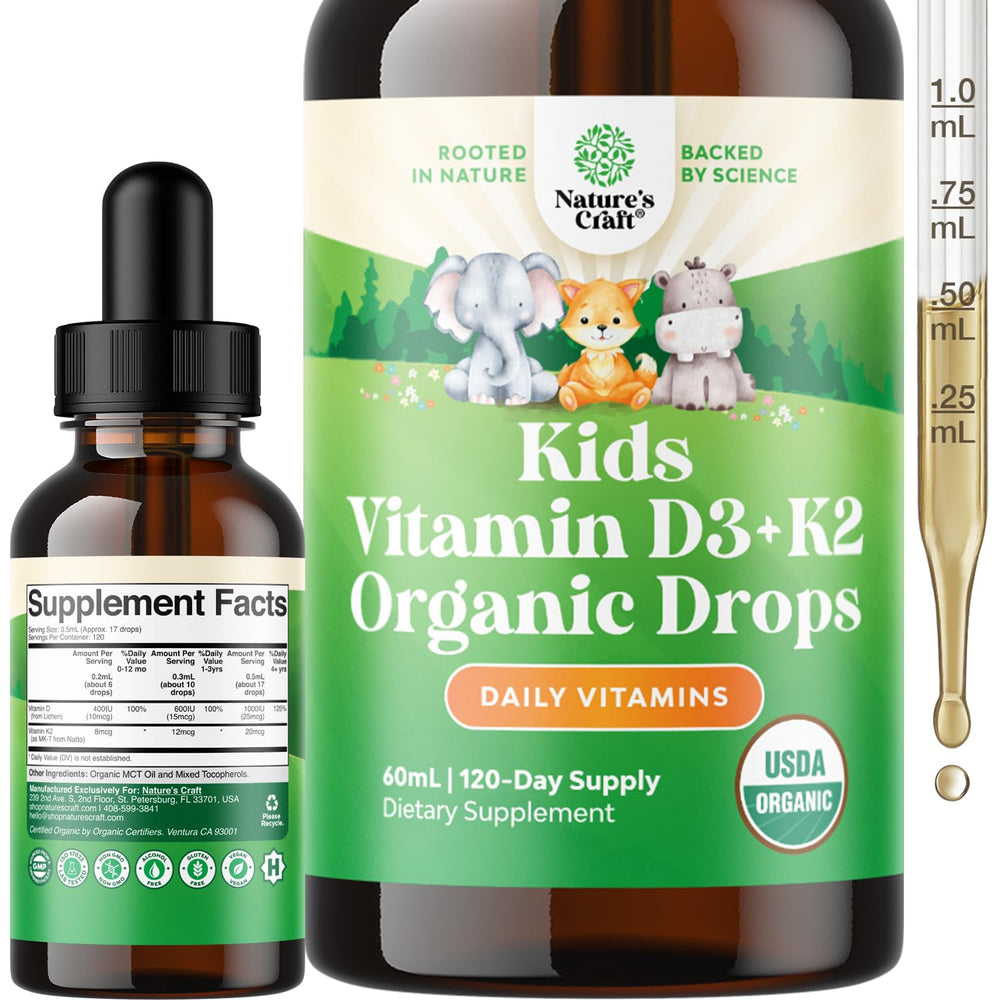 Natures Craft Kids D3 K2 Drops bottle pour for easy dosing and on-the-go use