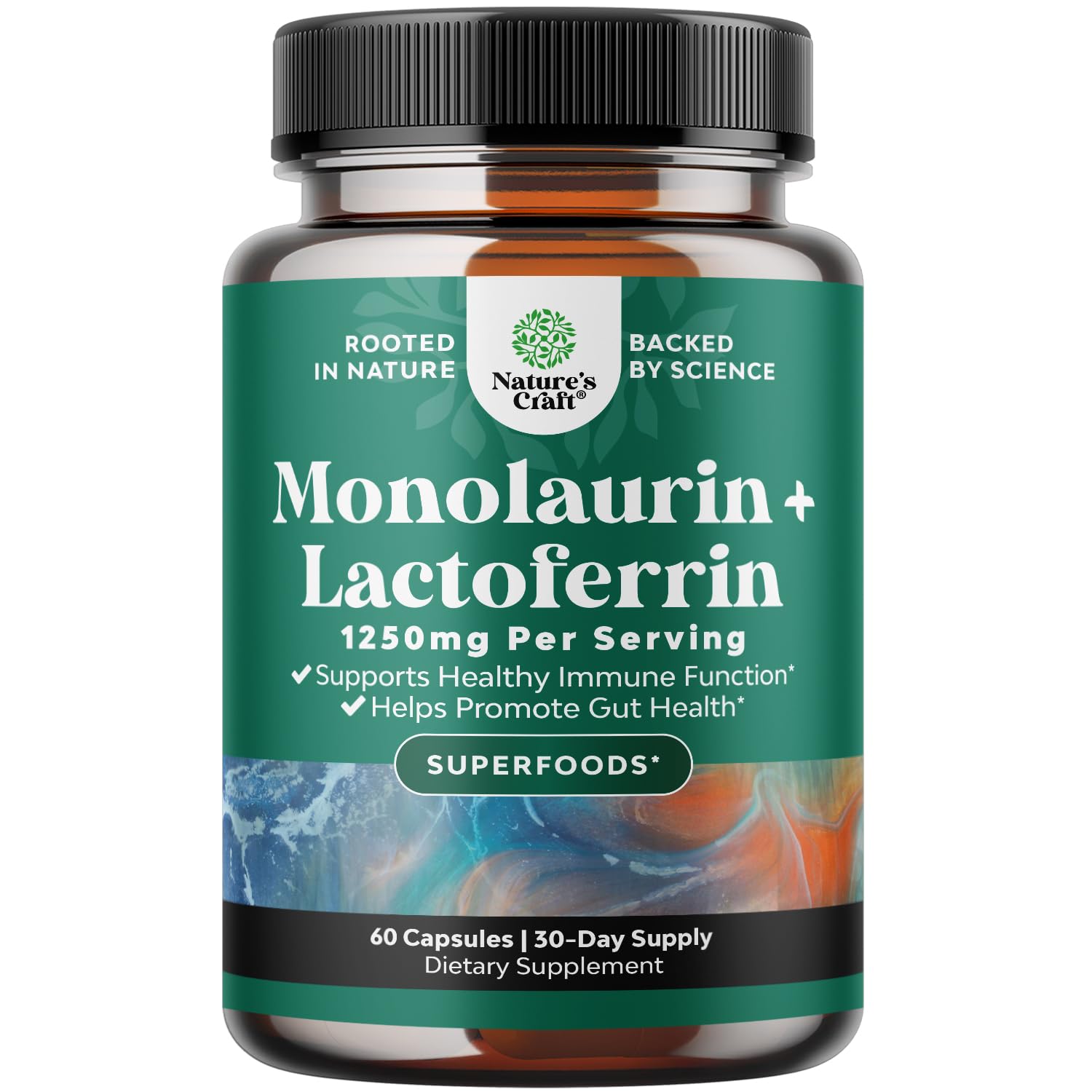 Natures Craft bottle front with lactoferrin and monolaurin for digestive support