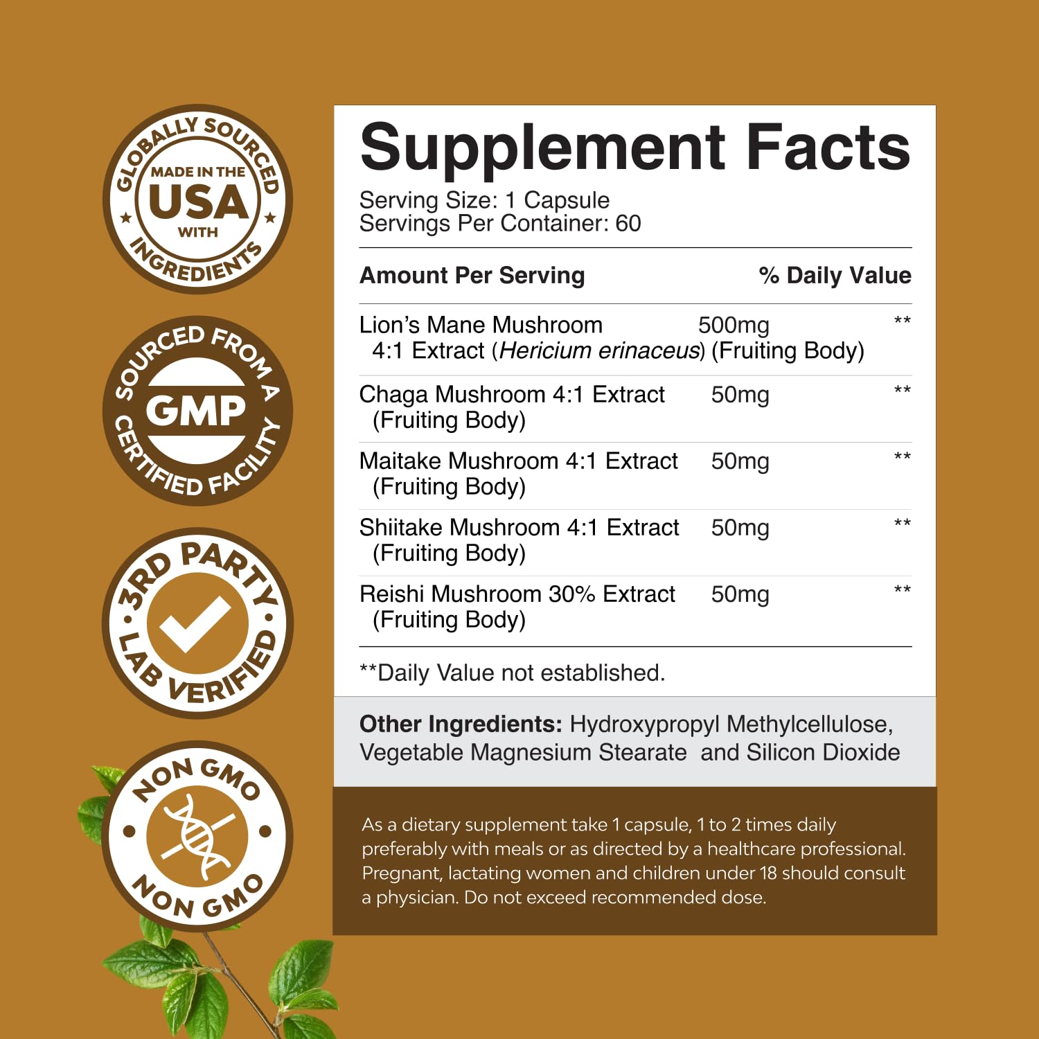 Natures Craft Lions Mane capsules close-up label with 5-in-1 blend for focus.