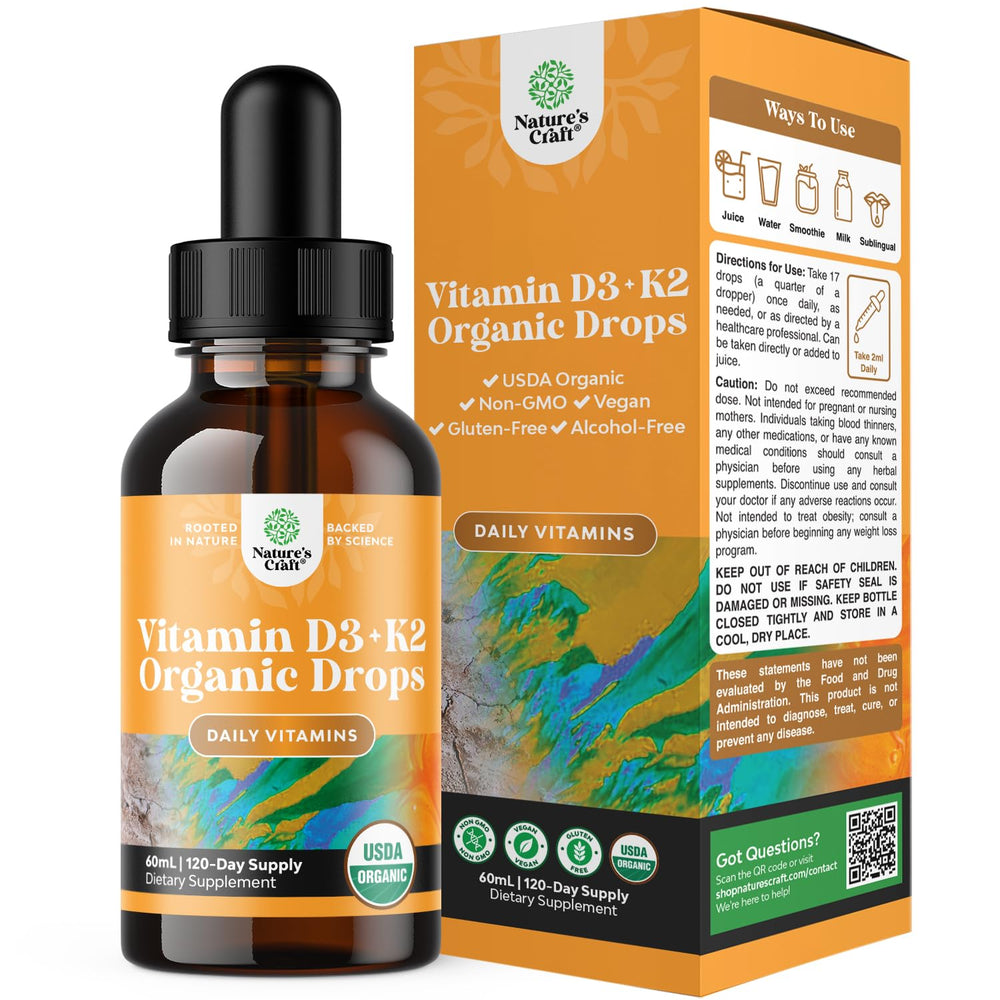 Natures Craft D3 + K2 bottle shows premium vegan drops for daily calcium and immune support