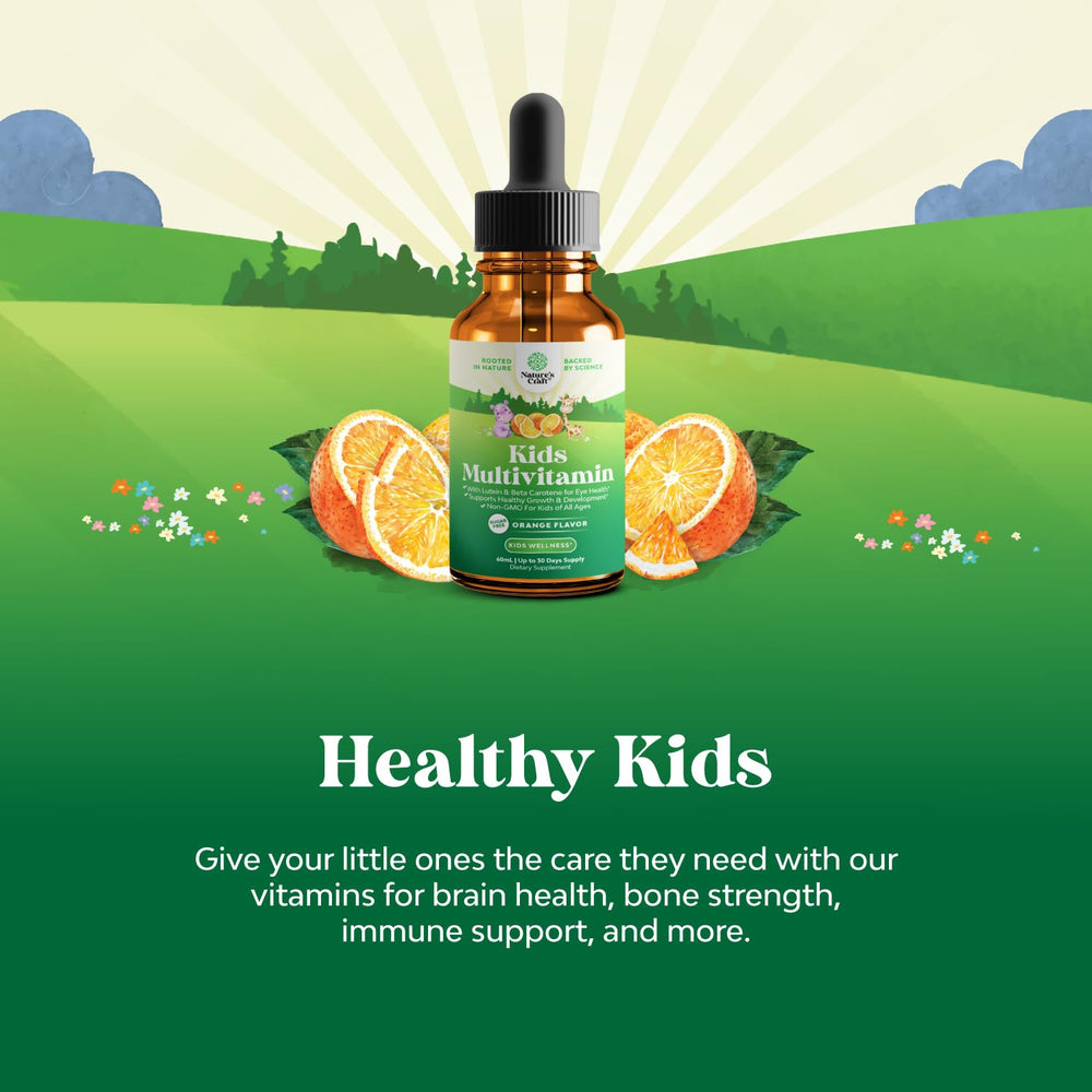 Natures Craft liquid multivitamin kids dispensing drop into juice or formula