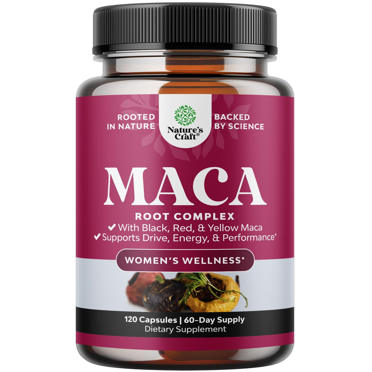 Natures Craft maca root capsules bottle for easy daily energy and balance.