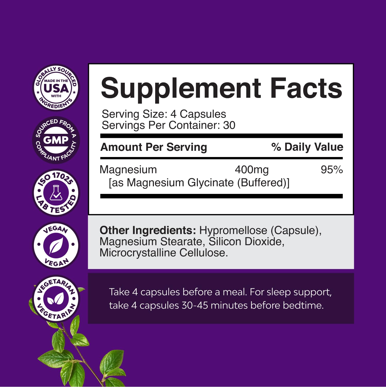 Natures Craft magnesium glycinate capsules close-up highlights vegan high absorption formula.